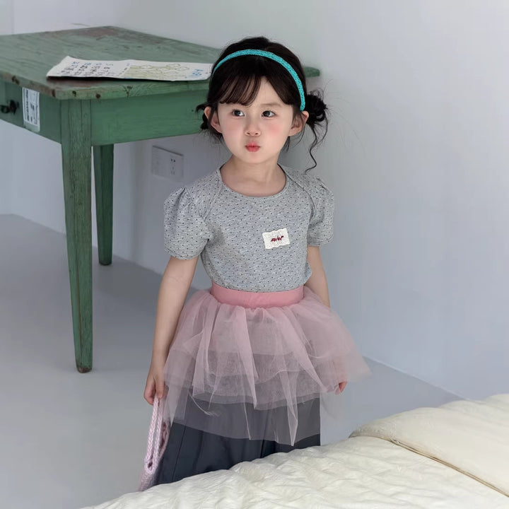 【90-140】ドット柄パフスリーブTシャツ