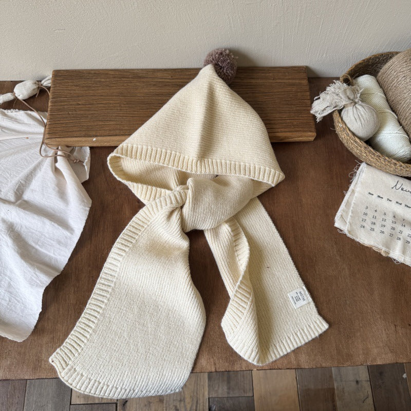 ポンポンフード付きマフラー