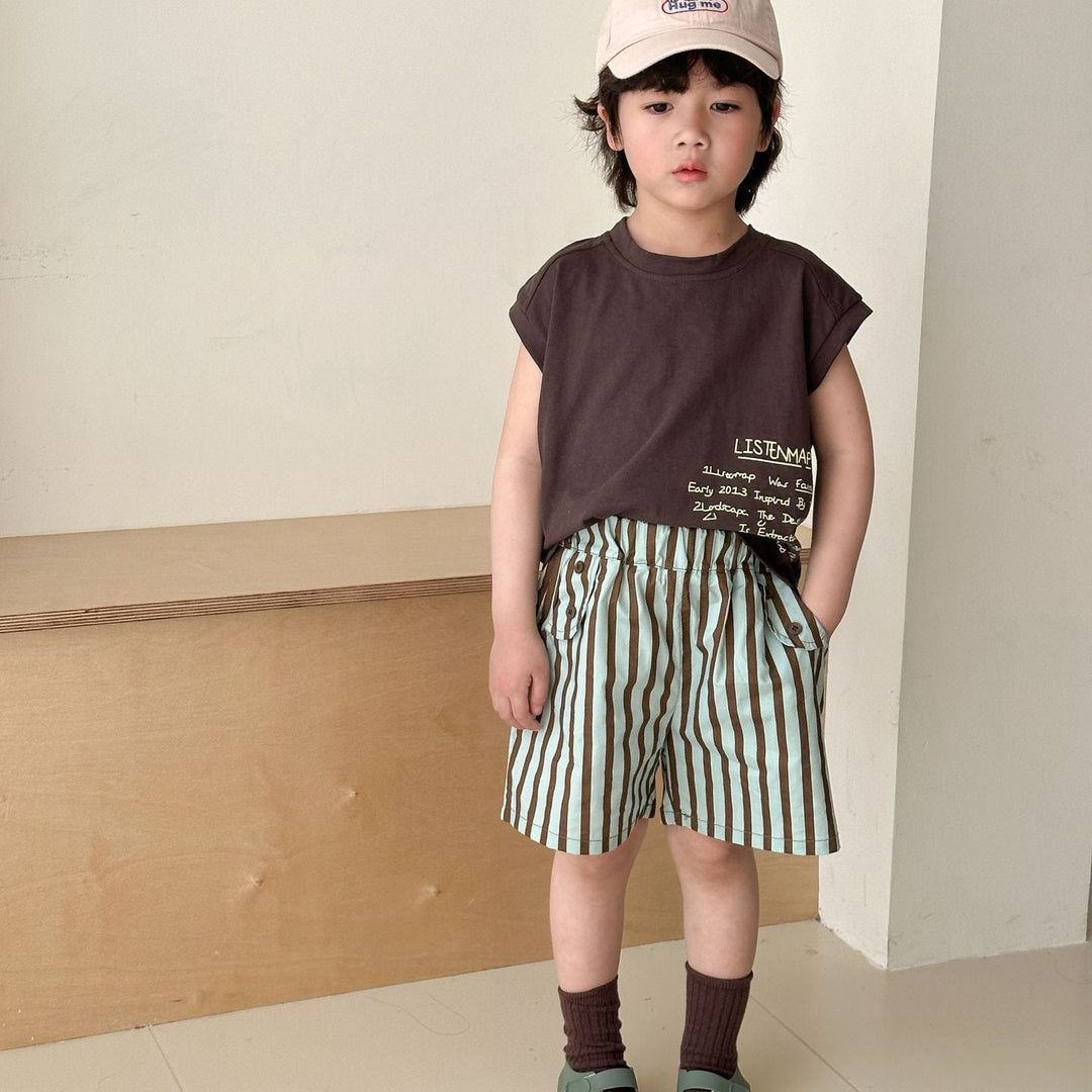 【80-150】フレンチスリーブトップス×ストライプハーフパンツセット