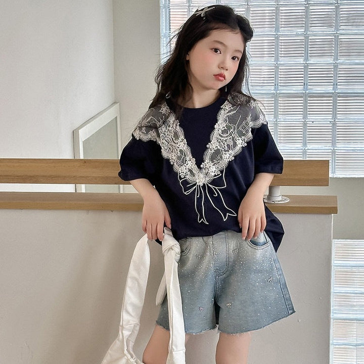 【120-150】レース＆リボンデザインTシャツ
