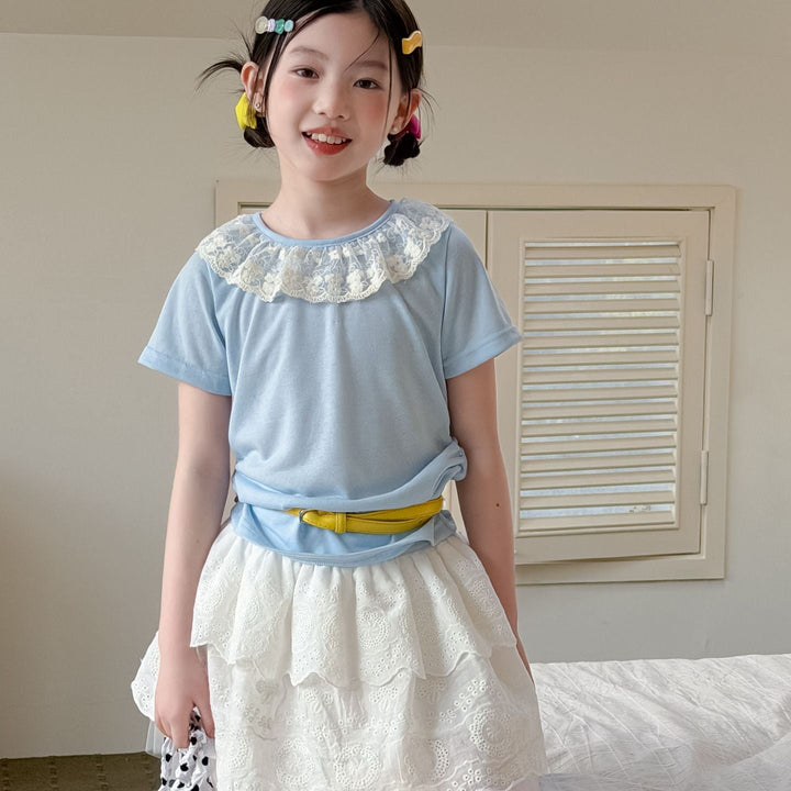 【100-150】レースラッフルカラーTシャツ