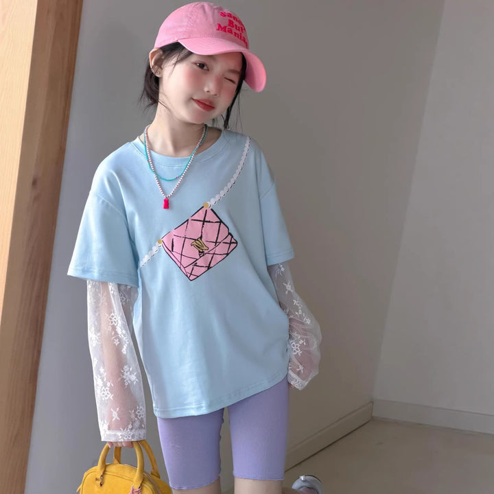 【100-150】レースレイヤード風Tシャツ