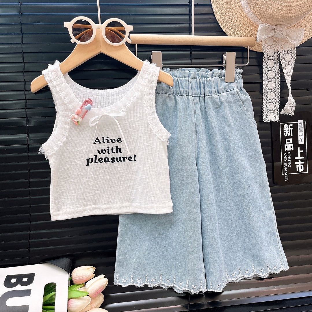 【100-140】レースデザインロゴトップス×デニムワイドパンツセット