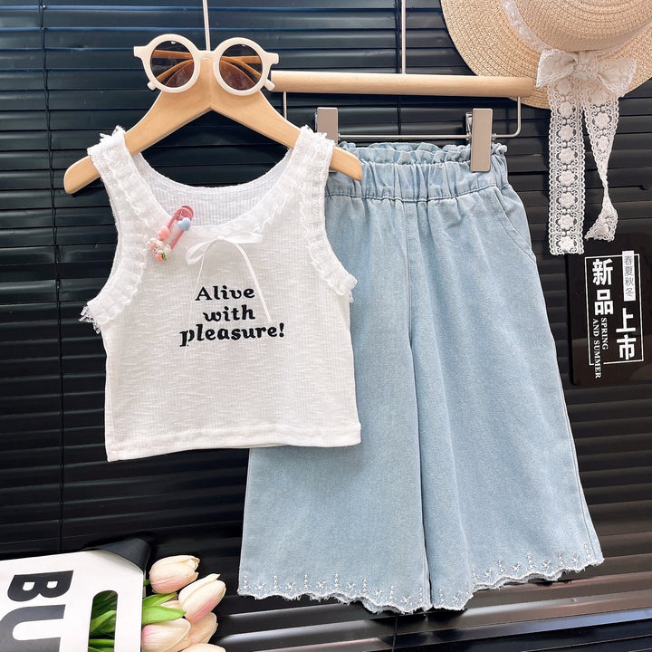 【100-140】レースデザインロゴトップス×デニムワイドパンツセット
