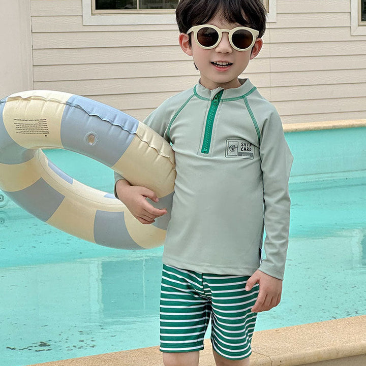 【90-140】ハーフジップトップス×ボーダー柄スイムウェア