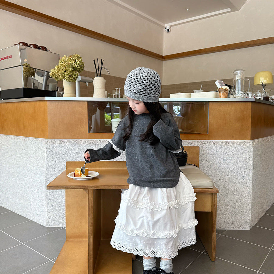 【90-150】レース＆ラメデザイン長袖トップス