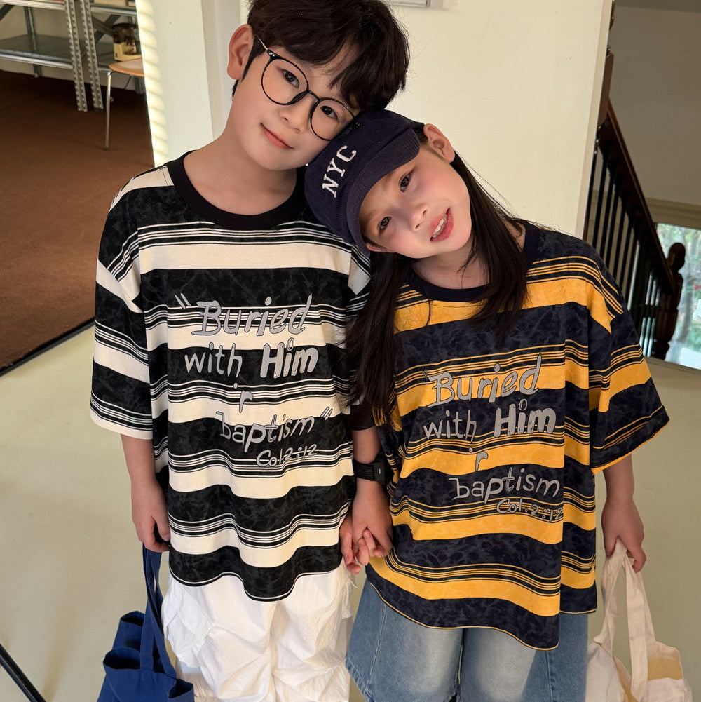 【100-150】英字ロゴデザインボーダー柄Tシャツ