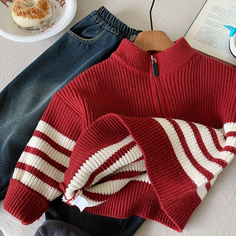 【90-150】ハーフジップパネルボーダーニット