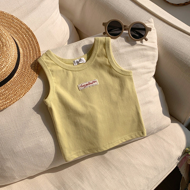 【90-150】ワンポイントワッペンノースリーブトップス