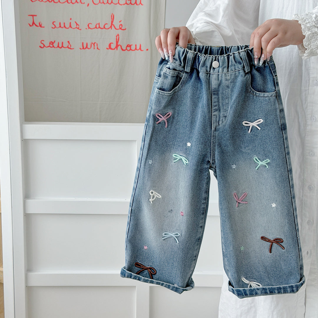 【90-150】リボン刺繍デザインジーンズ