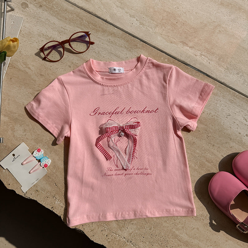 【90-150】レース＆チェック柄リボンTシャツ