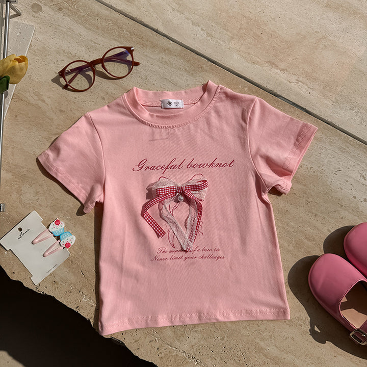 【90-150】レース＆チェック柄リボンTシャツ