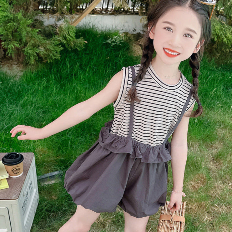 90-140】ボーダーノースリーブ×フリルショートサロペットセット｜ELMO