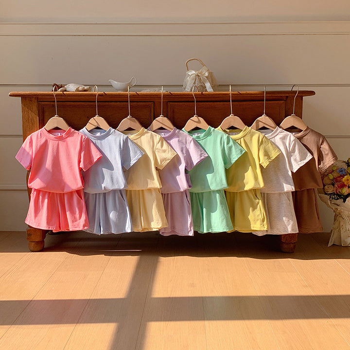 【90-150】シンプルカラーTシャツ×ハーフパンツセット