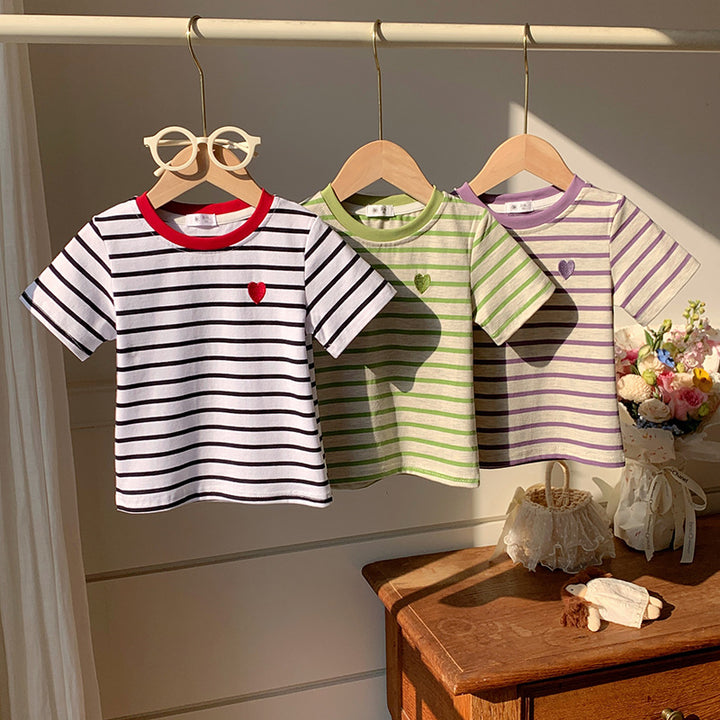 【90-150】ボーダー柄ワンポイントハートTシャツ