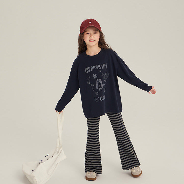 【90-150】ボーダー柄フレアロングパンツ