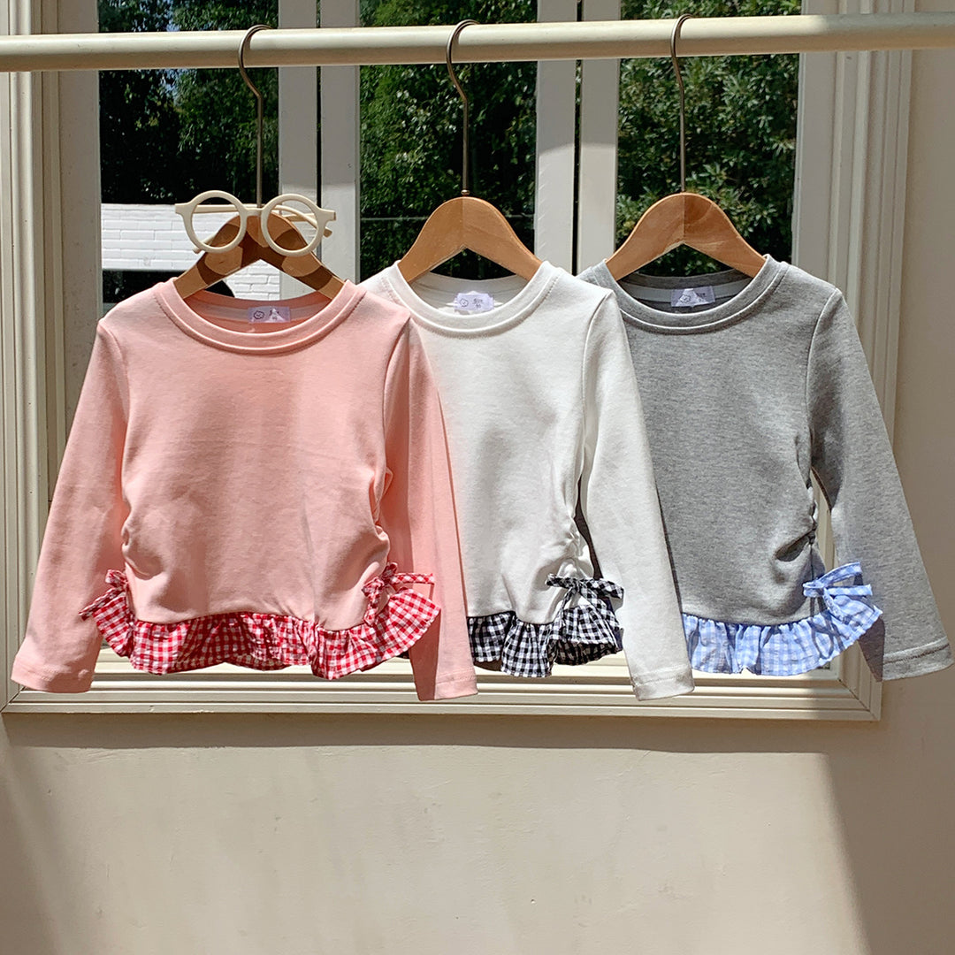 【90-140】チェックフリルヘム長袖トップス