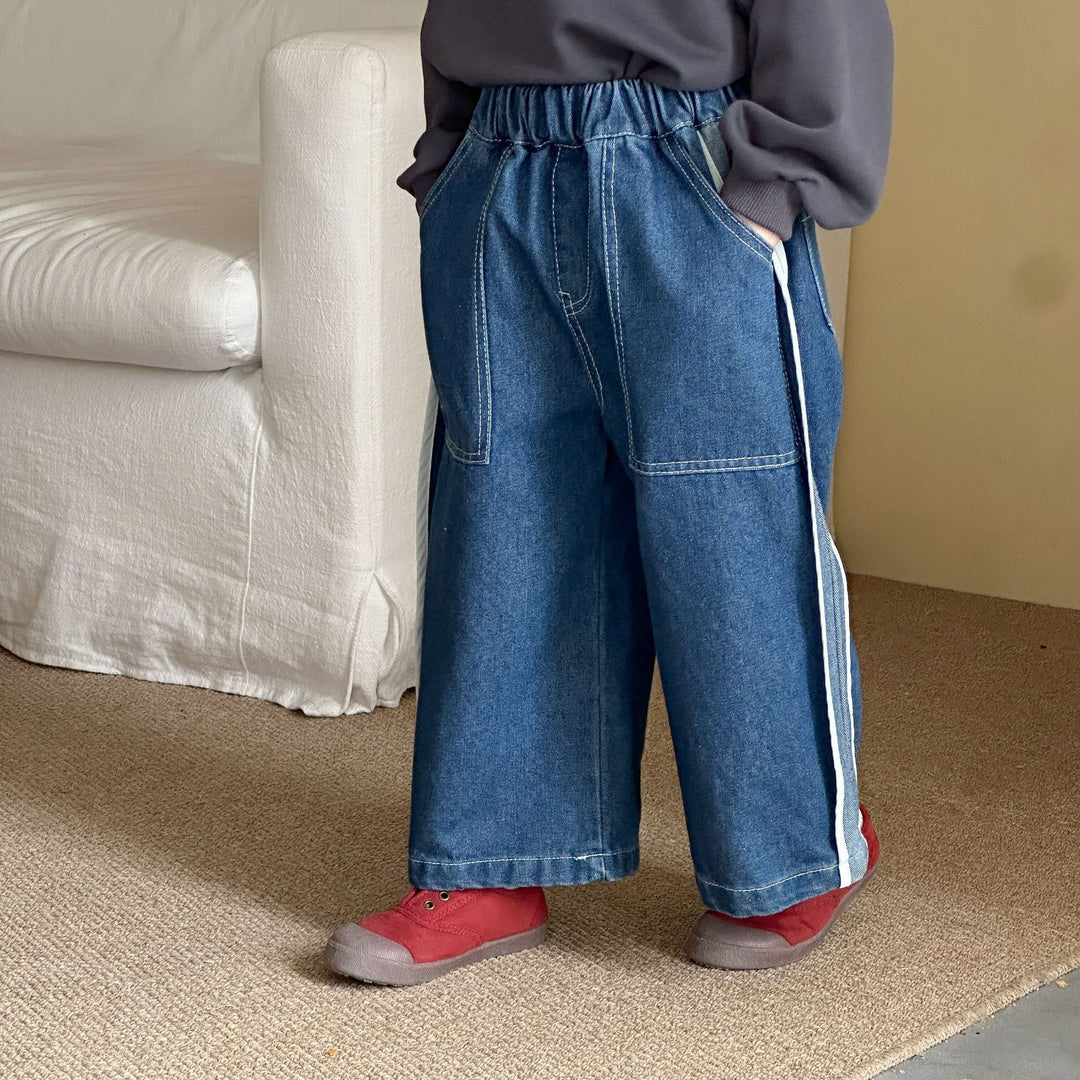 【80-150】ラインデザインワイドデニムパンツ