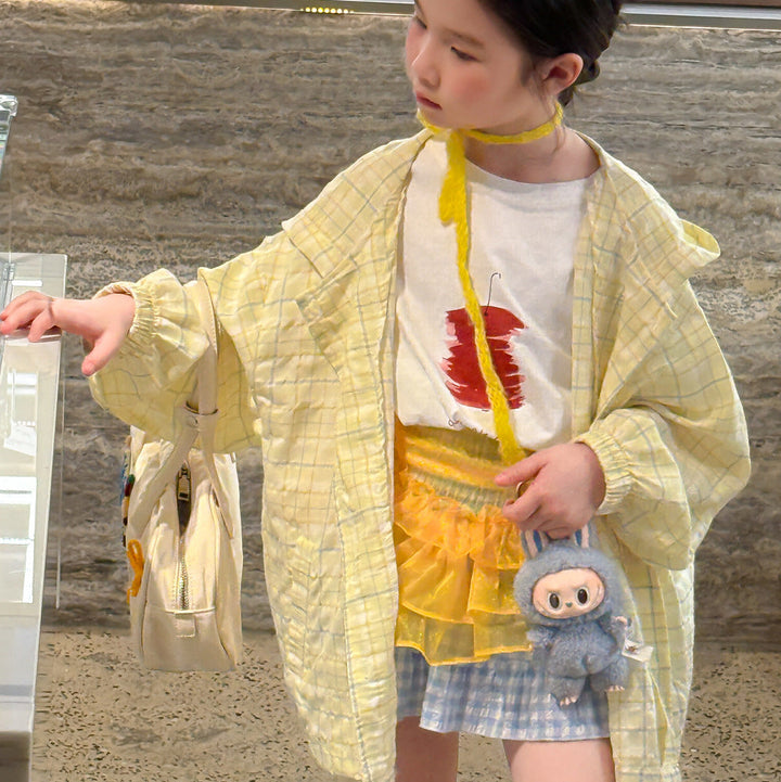 【90-150】チェック柄フーディーシャツ