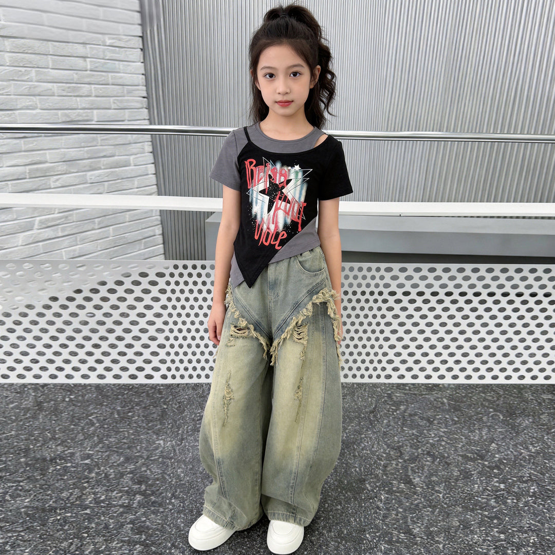 【120-150】カットオフデザインユーズド風デニムパンツ