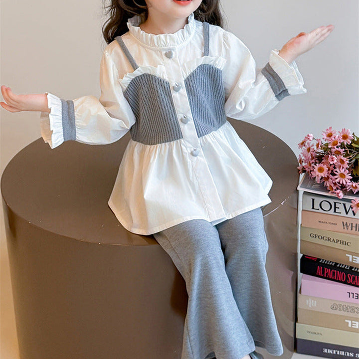 【90-140】レイヤード風シャツ×フレアパンツセット