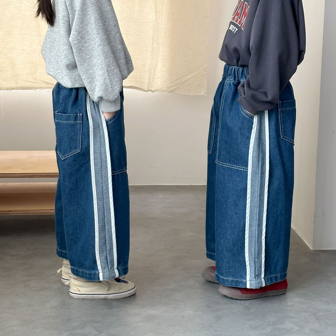 【80-150】ラインデザインワイドデニムパンツ