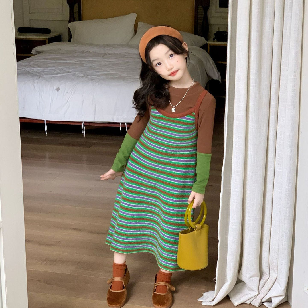 【90-140】マルチボーダーニットワンピース