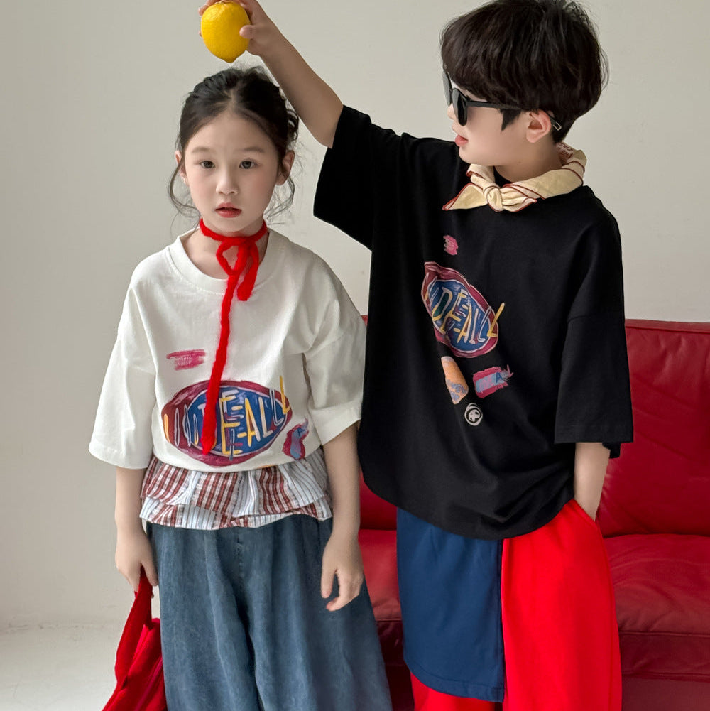 【90-150】レタープリントカジュアルTシャツ