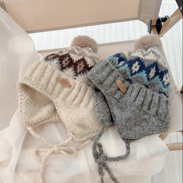 【48-52cm】ポンポン付きフェアアイル柄ニット帽