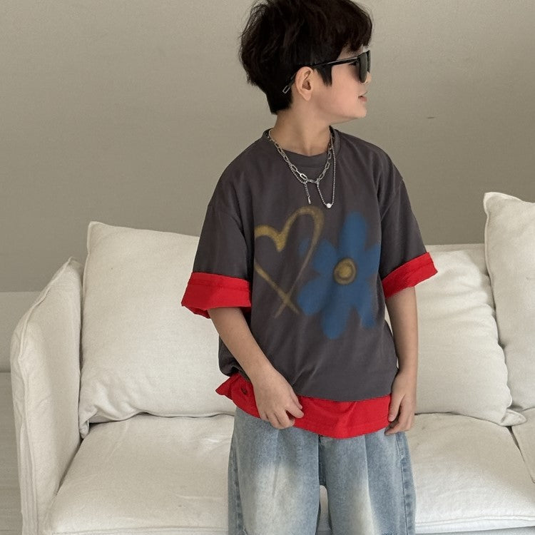 【90-150】ハート＆フラワーTシャツ