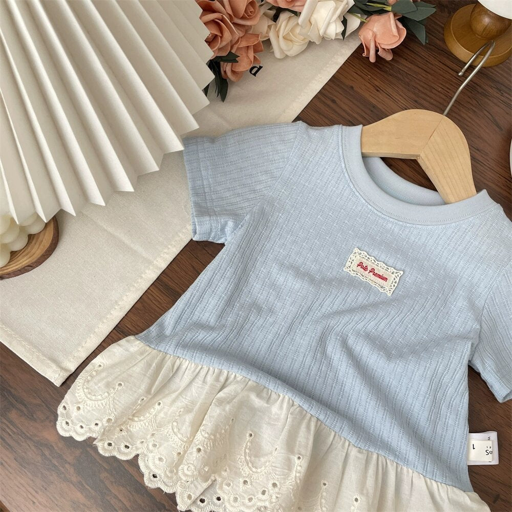 【90-140】レーヤード風レースヘムTシャツ