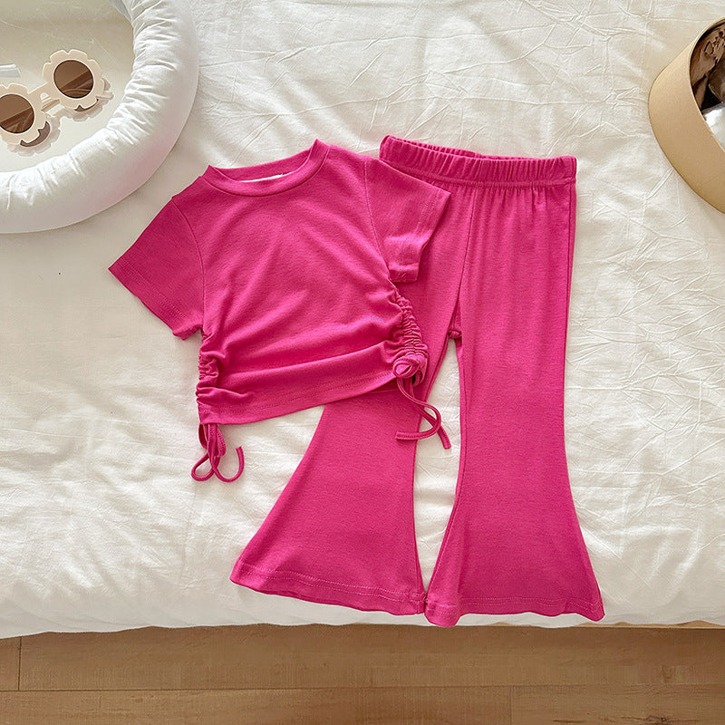 【90-140】ウエストシャーリングTシャツ×フレアパンツセット