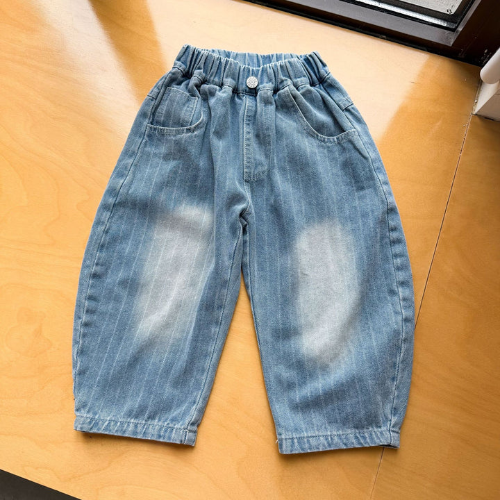【80-150】ストライプ柄カーブデニムパンツ