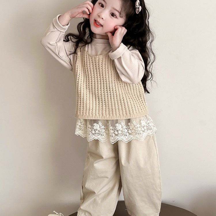 【90-140】レースヘムトップス×ベスト×ロングパンツセット