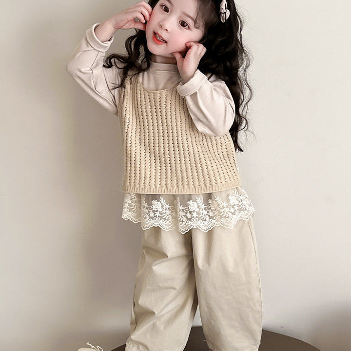 【90-140】レースヘムトップス×ベスト×ロングパンツセット