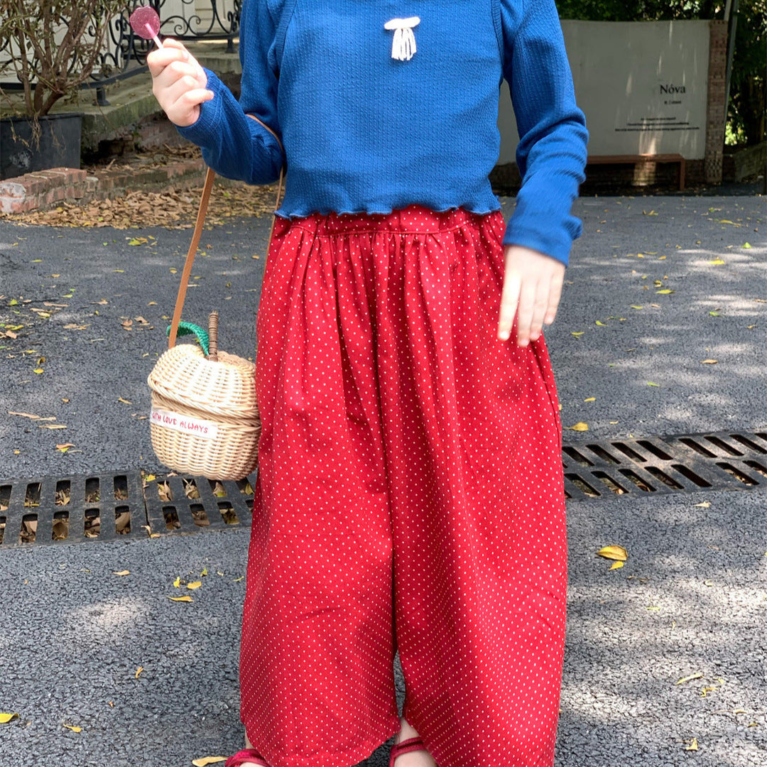 【90-150】ドット柄ワイドロングパンツ