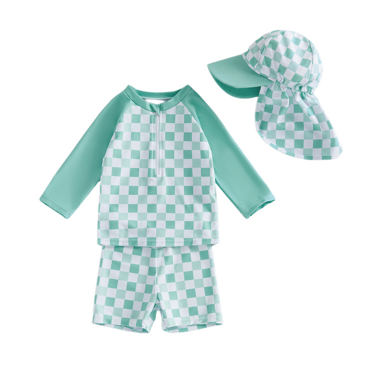 【6ヵ月-4歳】帽子付き総柄セパレートスイムウェア