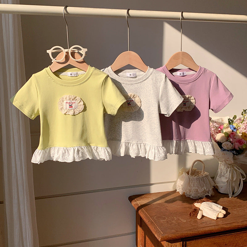 【90-140】ワンポイントワッペンレースヘムTシャツ