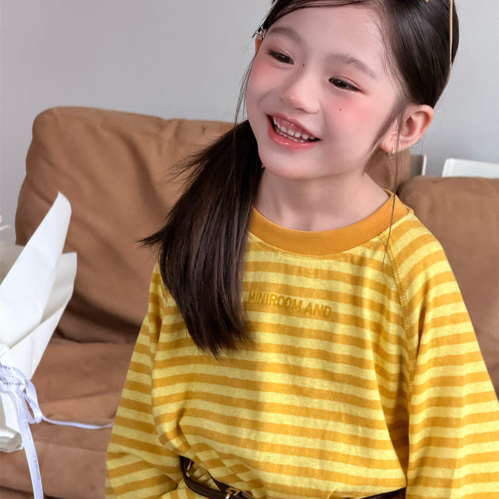 【90-150】ボーダーミニ英字ロゴ長袖Tシャツ