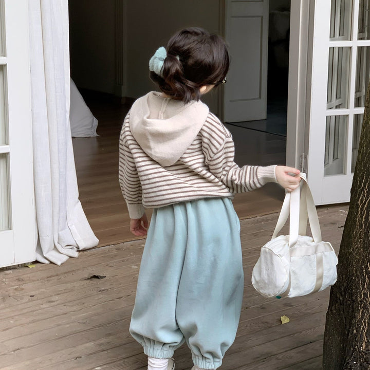 【90-140】ボーダー柄フーディーニット