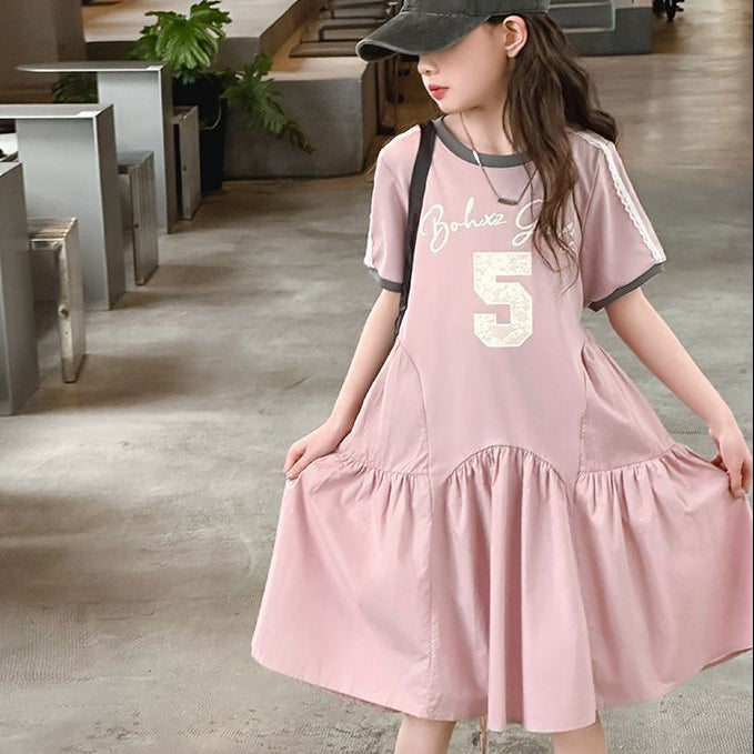 【120-150】デザイン切替半袖カジュアルワンピース