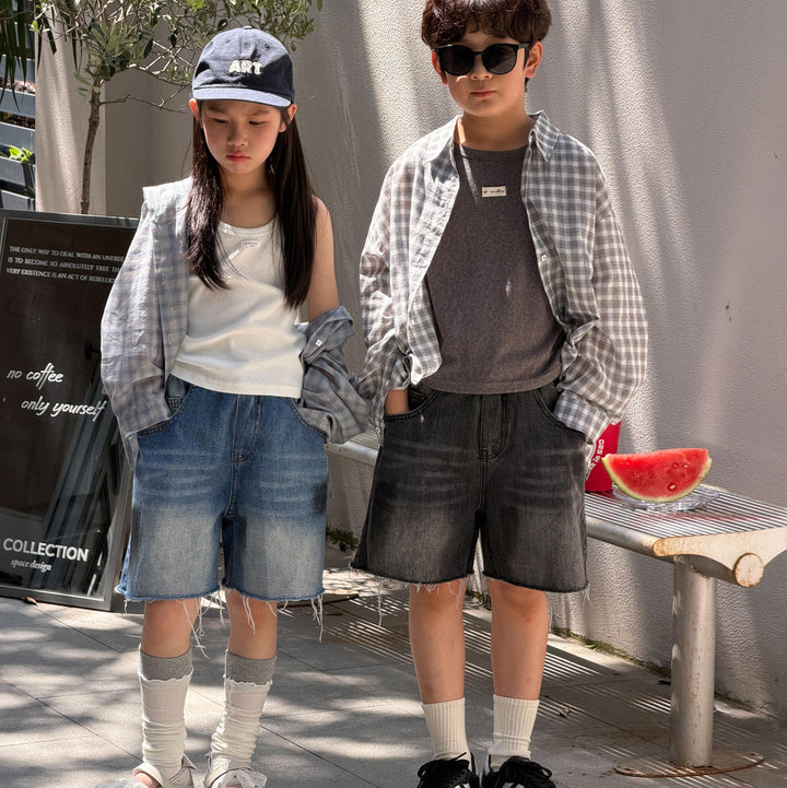 【100-150】カットオフデザインハーフデニムパンツ