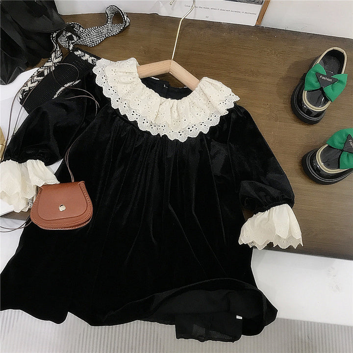 【90-140】レースデザイン長袖ワンピース