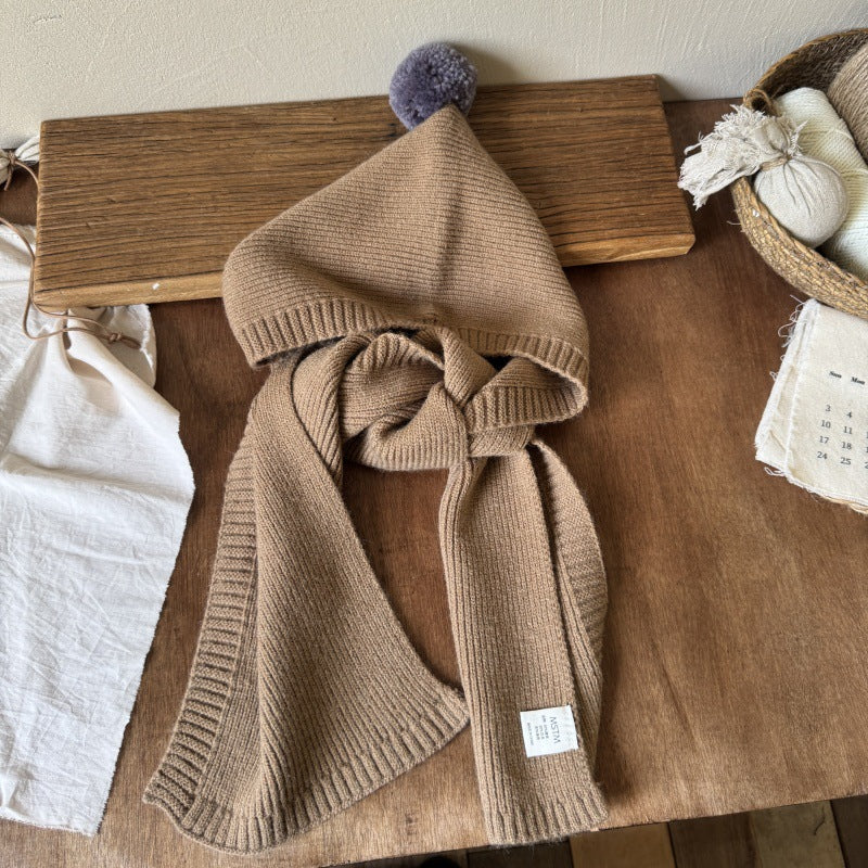 ポンポンフード付きマフラー