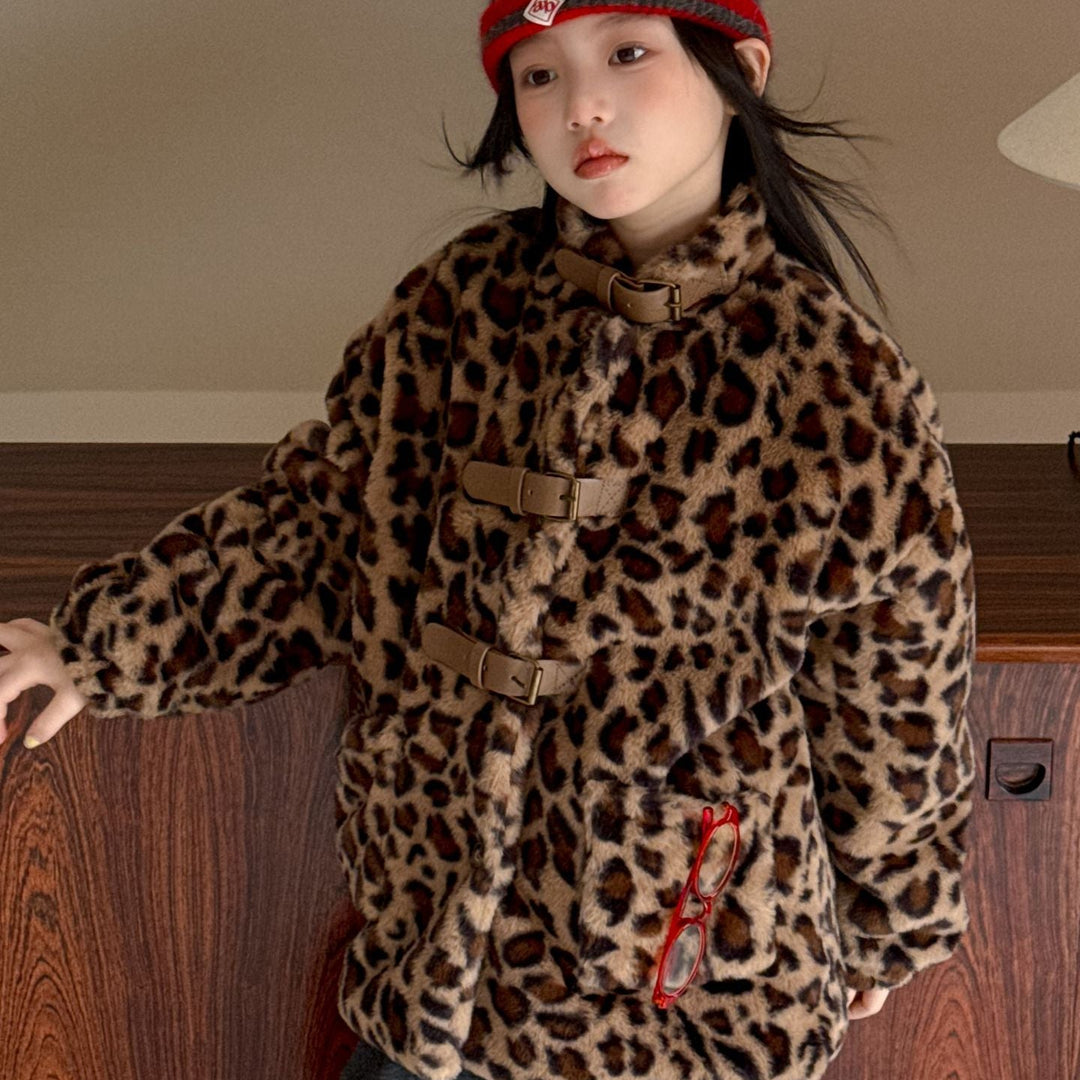 【100-150】レオパード柄スタンドカラーショートコート