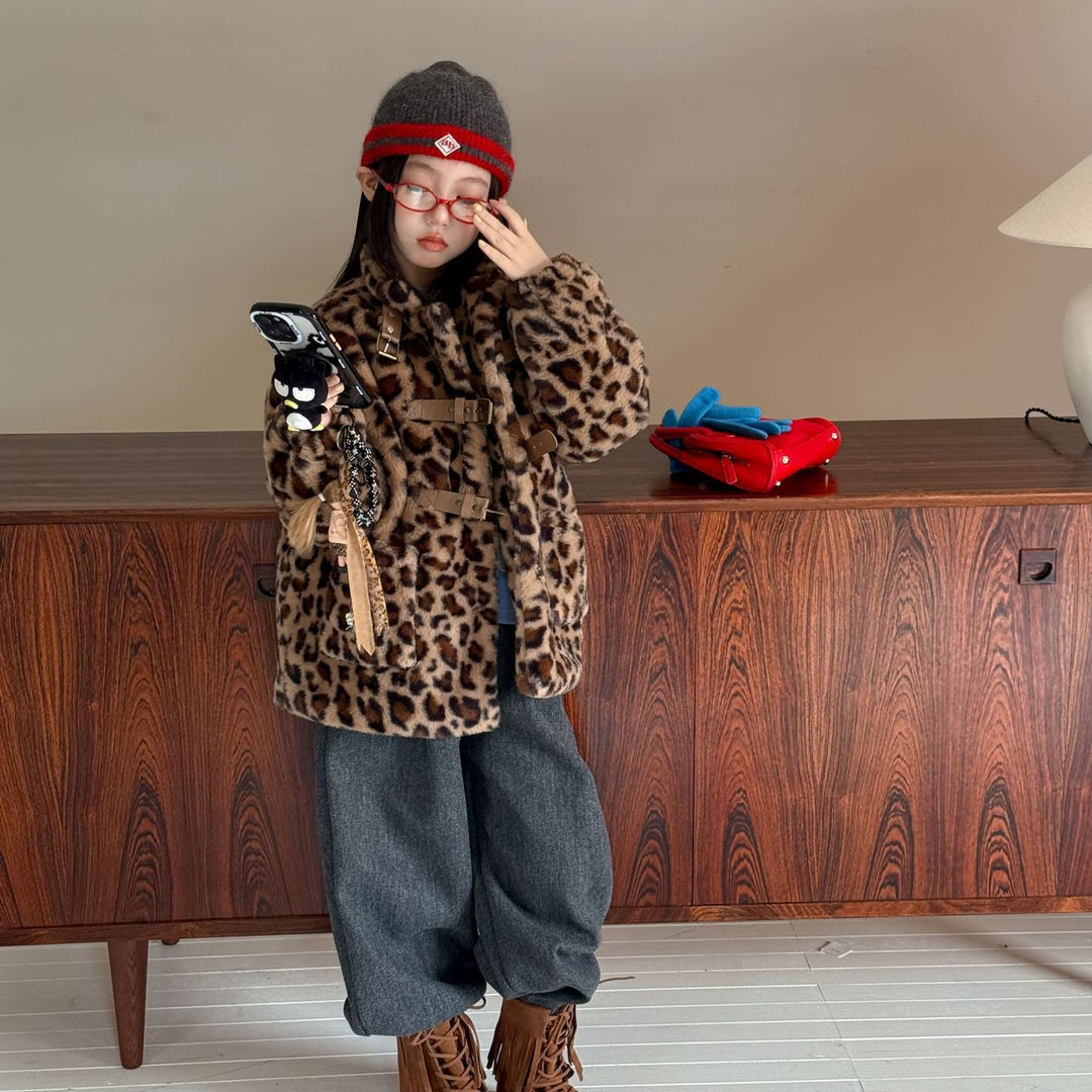 【100-150】レオパード柄スタンドカラーショートコート