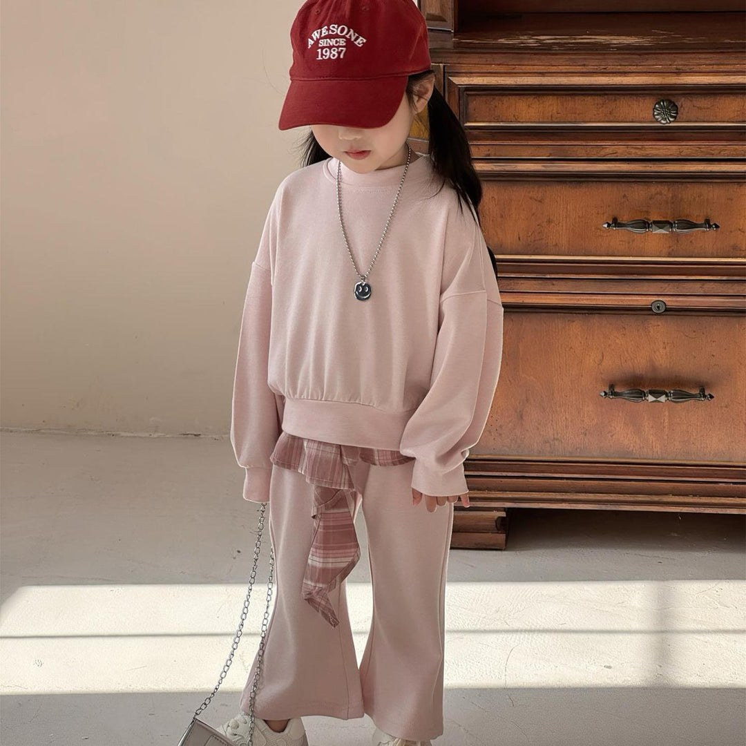 【90-140】レイヤード風トレーナー×フレアパンツセット