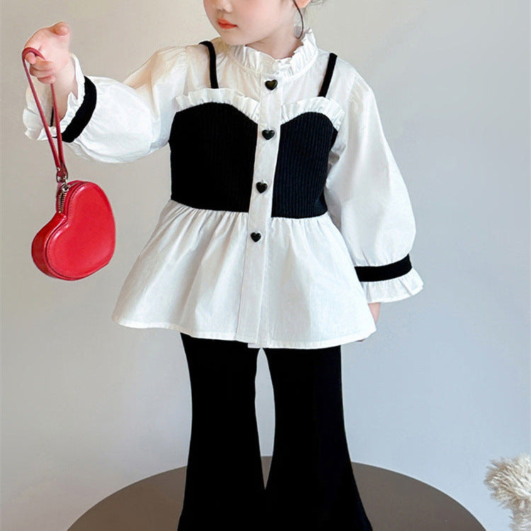 【90-140】レイヤード風シャツ×フレアパンツセット