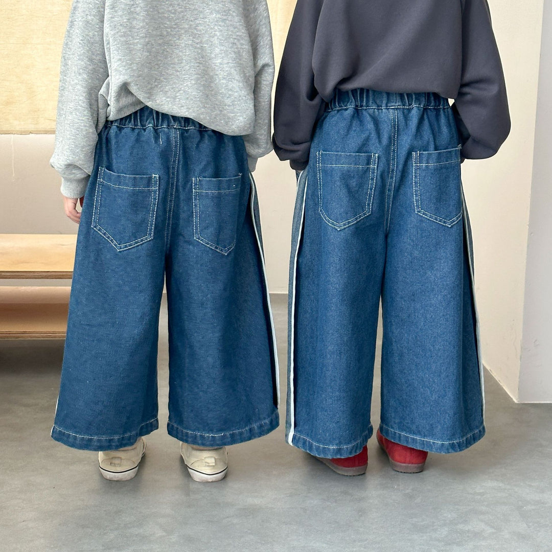 【80-150】ラインデザインワイドデニムパンツ
