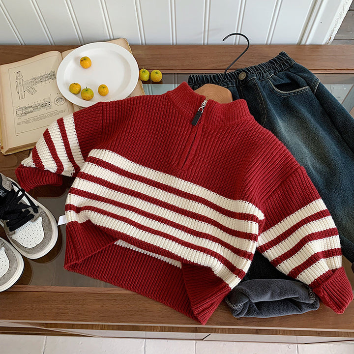 【90-150】ハーフジップパネルボーダーニット